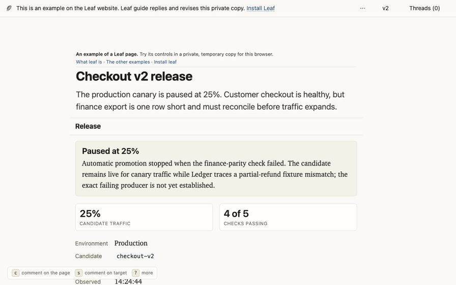 Release workspace with rollout state, checks, and supporting logs.