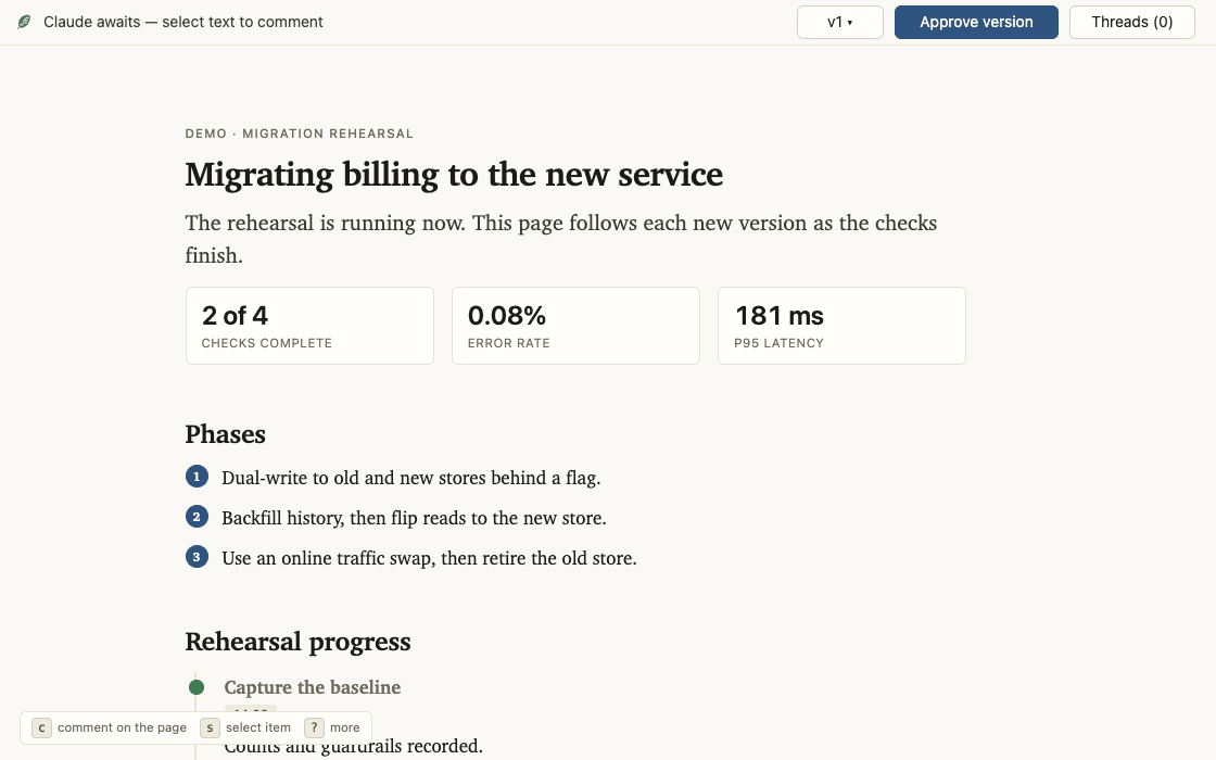 A live leaf page. The user selects Backfill history and writes a
comment while the passage stays highlighted. The agent replies, saves a new revision
whose rehearsal count advances, and the user drags an on-call task to During.