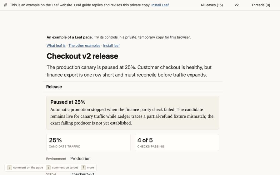 Release workspace with rollout state, checks, and supporting logs.