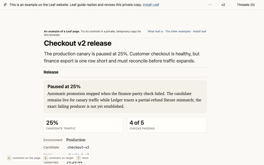Release workspace with rollout state, checks, and supporting logs.