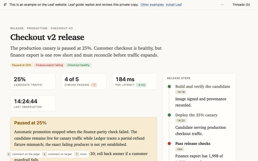 Release workspace with rollout state, checks, and supporting logs.