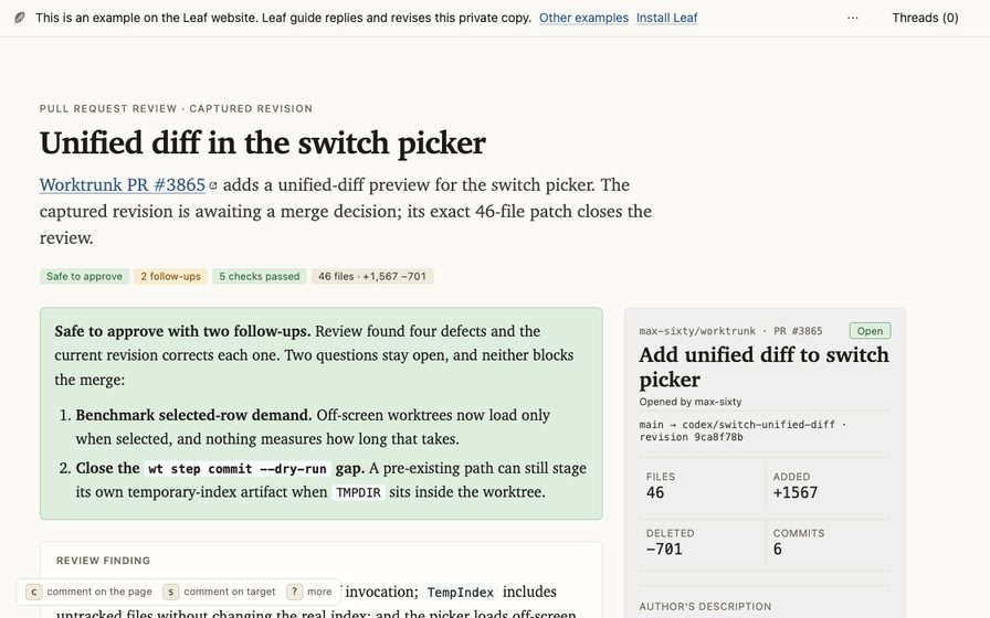 Code review with a file tree and commentable diff.