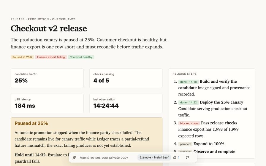 Release workspace with rollout state, checks, and supporting logs.