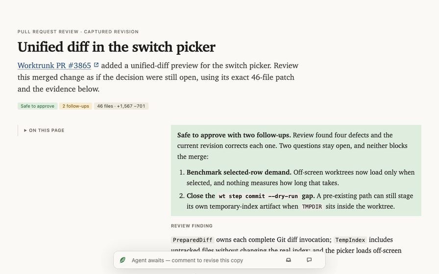 Code review with a file tree and commentable diff.