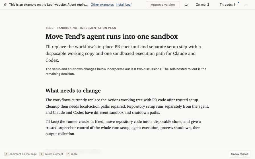 Sandbox implementation plan with nested steps and prior discussion.