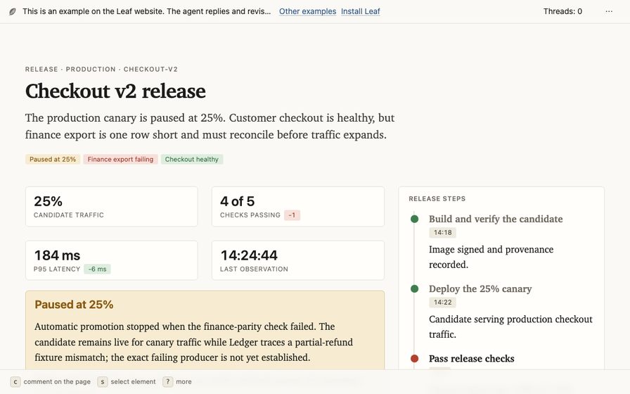 Release workspace with rollout state, checks, and supporting logs.