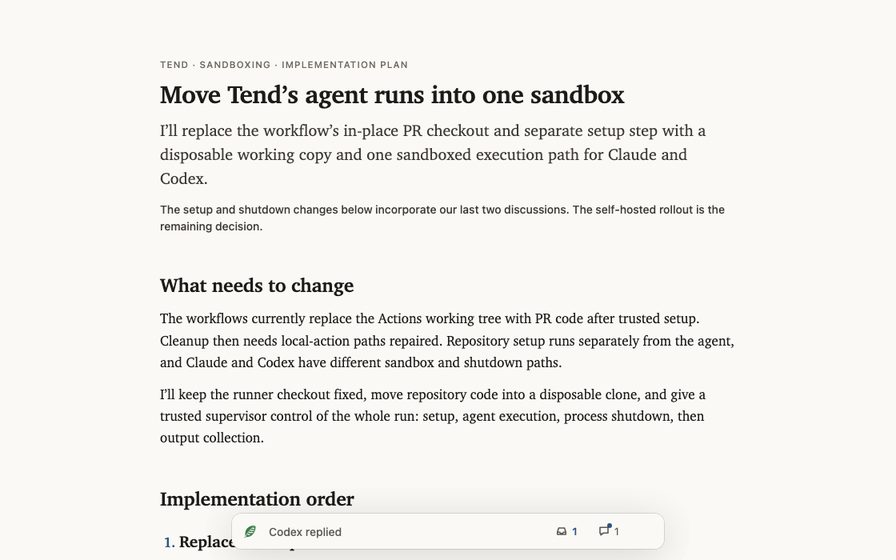 Sandbox implementation plan with nested steps and prior discussion.