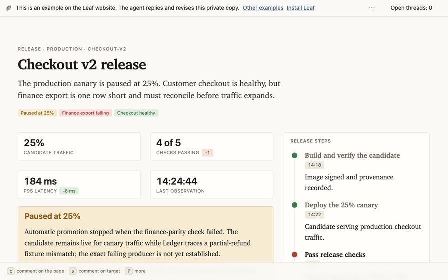 Release workspace with rollout state, checks, and supporting logs.