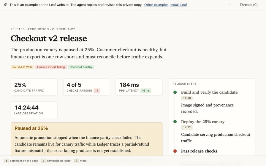 Release workspace with rollout state, checks, and supporting logs.