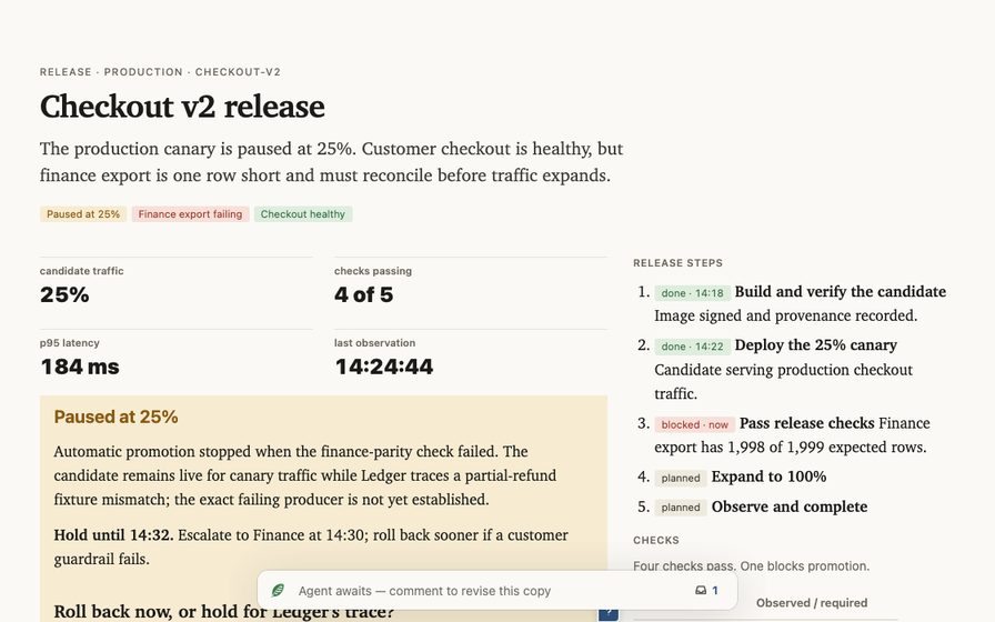 Release workspace with rollout state, checks, and supporting logs.