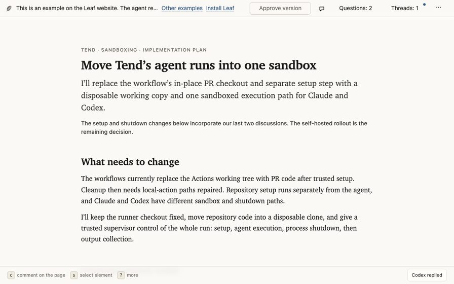 Sandbox implementation plan with nested steps and prior discussion.