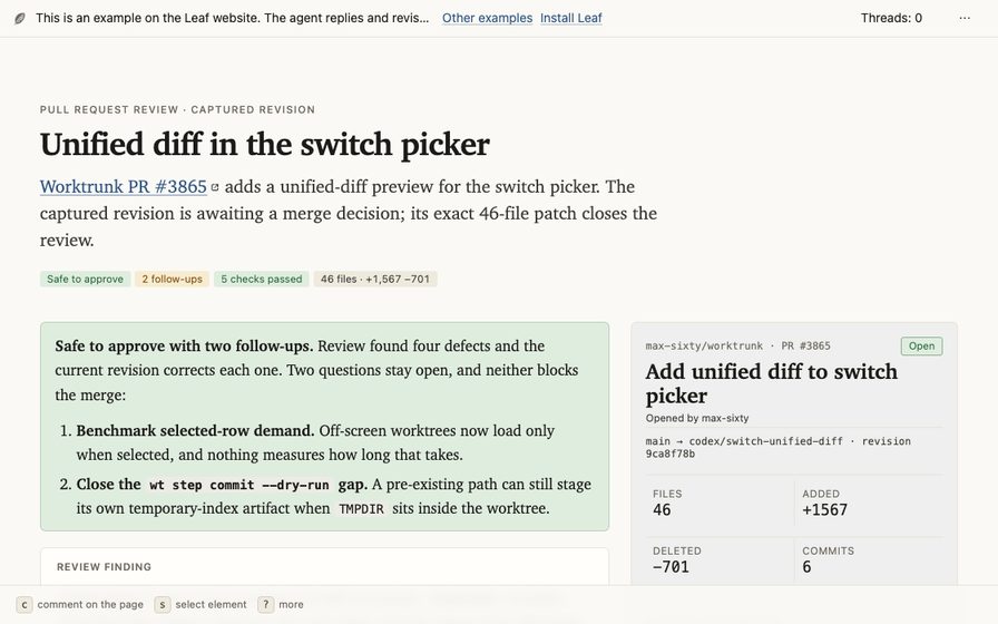 Code review with a file tree and commentable diff.