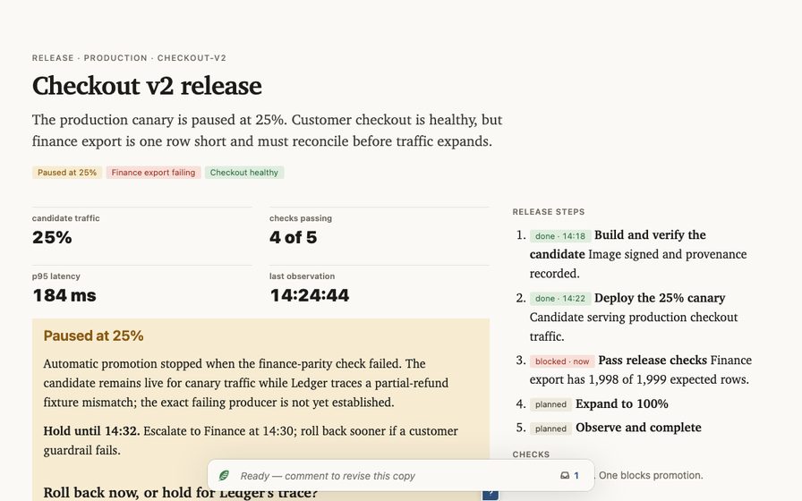 Release workspace with rollout state, checks, and supporting logs.