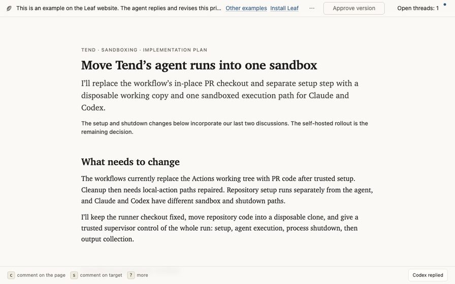 Sandbox implementation plan with nested steps and prior discussion.