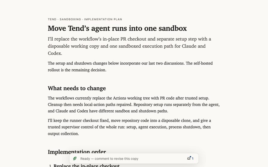 Sandbox implementation plan with nested steps and prior discussion.