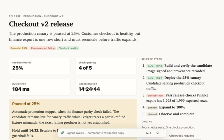Release workspace with rollout state, checks, and supporting logs.