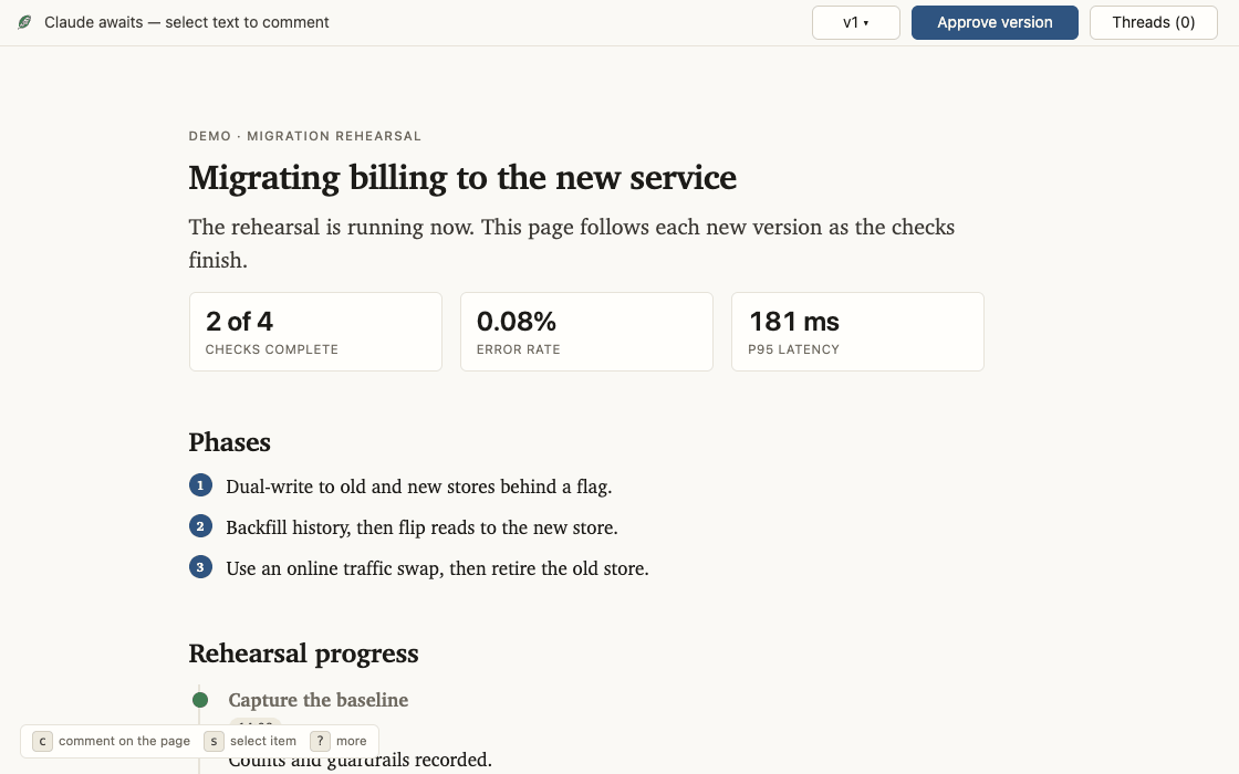 A live leaf page. The user selects Backfill history and writes a
comment while the passage stays highlighted. The agent replies, saves a new revision
whose rehearsal count advances, and the user drags an on-call task to During.
