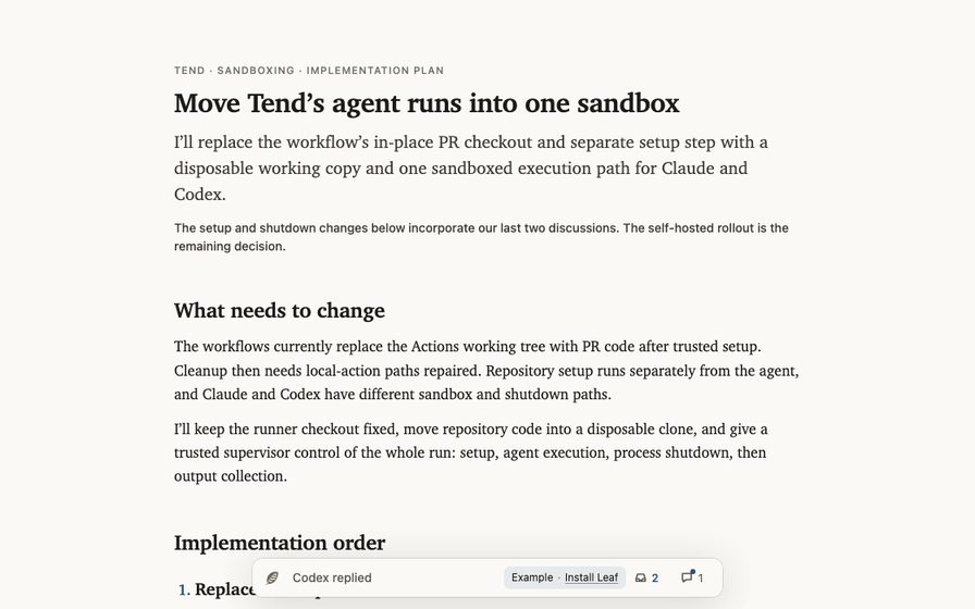 Sandbox implementation plan with nested steps and prior discussion.