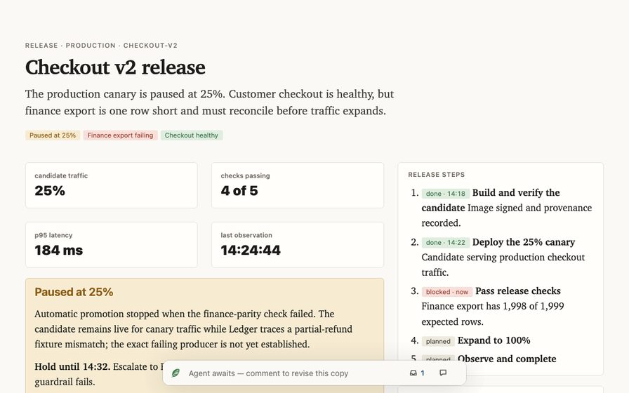 Release workspace with rollout state, checks, and supporting logs.
