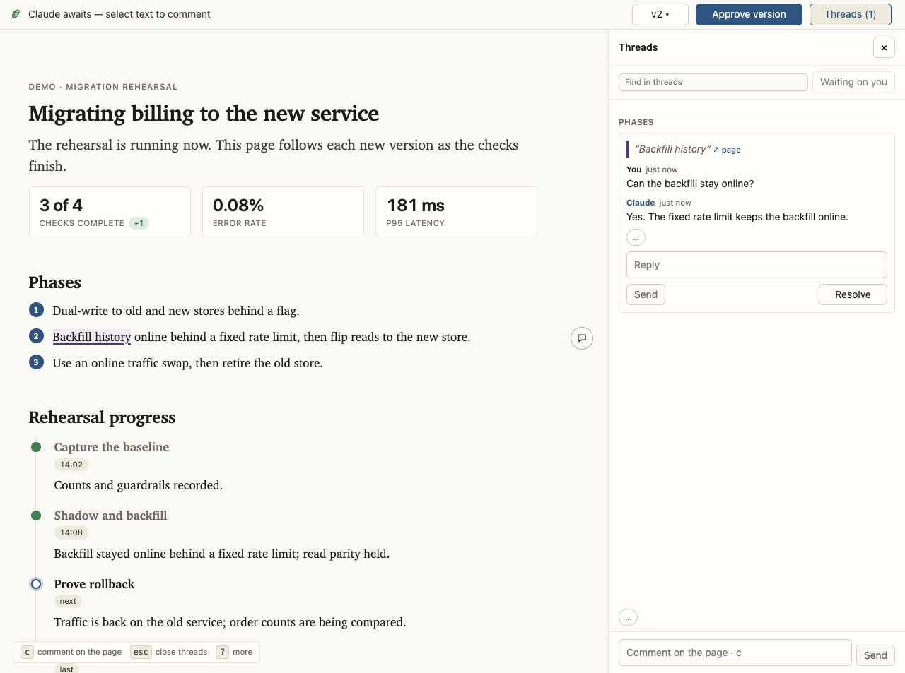 A live leaf in the browser: a migration plan with a comment anchored
to a highlighted passage, Claude's reply in the thread, a version picker reading
v2 (latest), and a banner reading 'Claude awaits'.