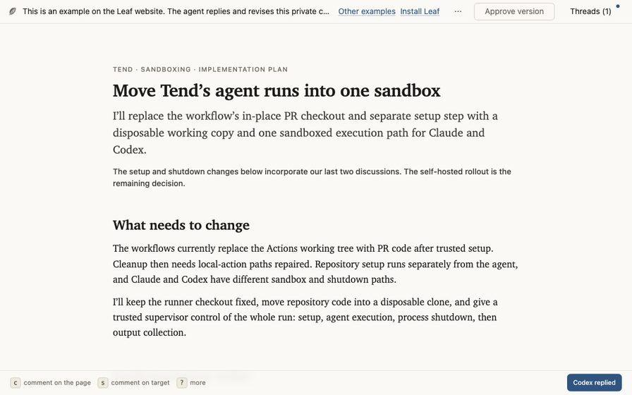 Sandbox implementation plan with nested steps and prior discussion.
