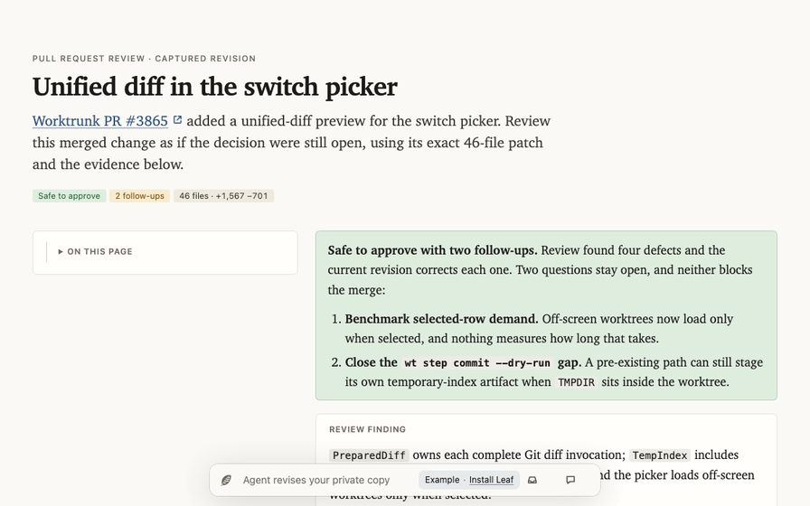 Code review with a file tree and commentable diff.