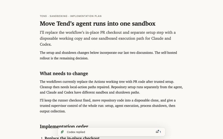 Sandbox implementation plan with nested steps and prior discussion.