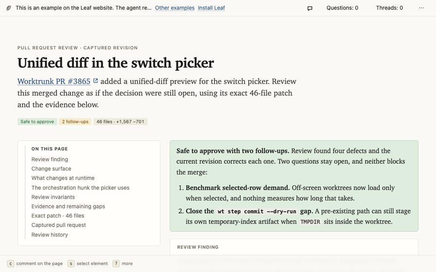 Code review with a file tree and commentable diff.