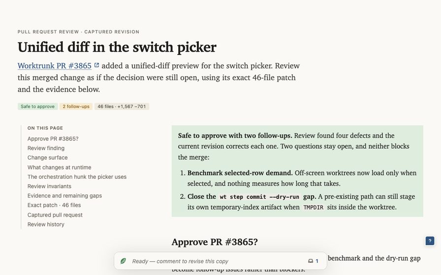 Code review with a file tree and commentable diff.