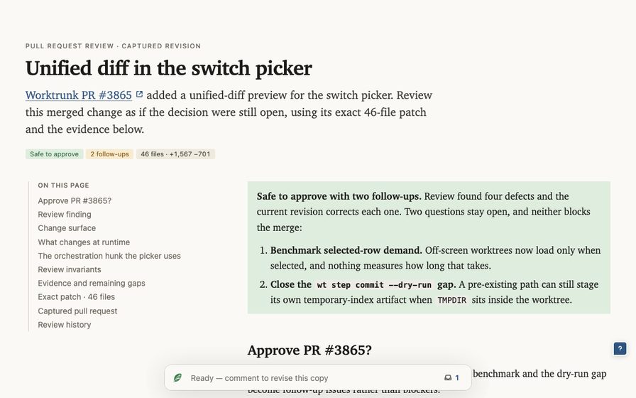 Code review with a file tree and commentable diff.