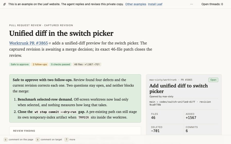 Code review with a file tree and commentable diff.