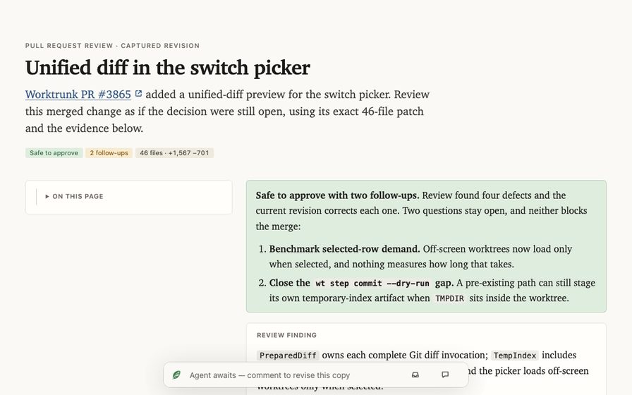 Code review with a file tree and commentable diff.