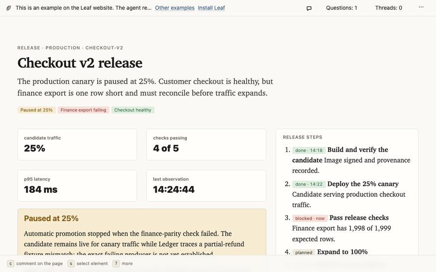 Release workspace with rollout state, checks, and supporting logs.