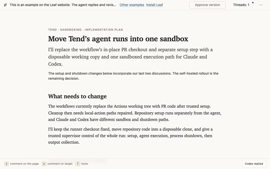 Sandbox implementation plan with nested steps and prior discussion.