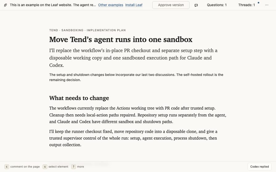 Sandbox implementation plan with nested steps and prior discussion.