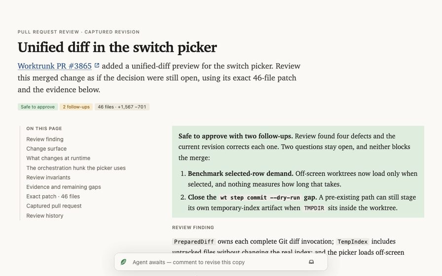 Code review with a file tree and commentable diff.