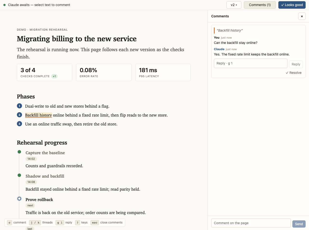 A live leaf in the browser: a migration plan with a comment anchored
to a highlighted passage, Claude's reply in the thread, a version picker reading
v2 (latest), and a banner reading 'Claude awaits'.